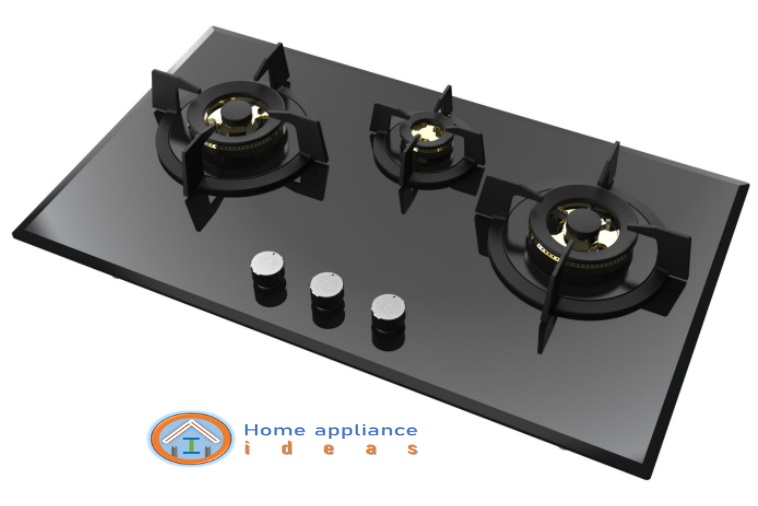 Image of a three burner gas cooktop with tempered glass panel