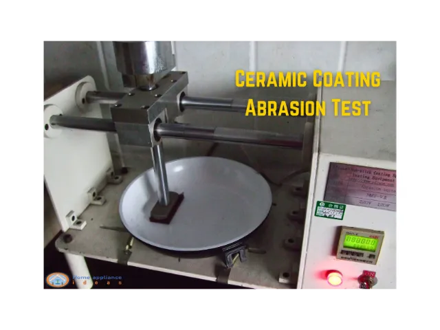 Abrasion test machine testing white ceramic coating of a pan